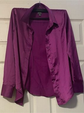 NWOT Worthington Women's Solid Purple Retro Satin Button Down Collared Blouse M